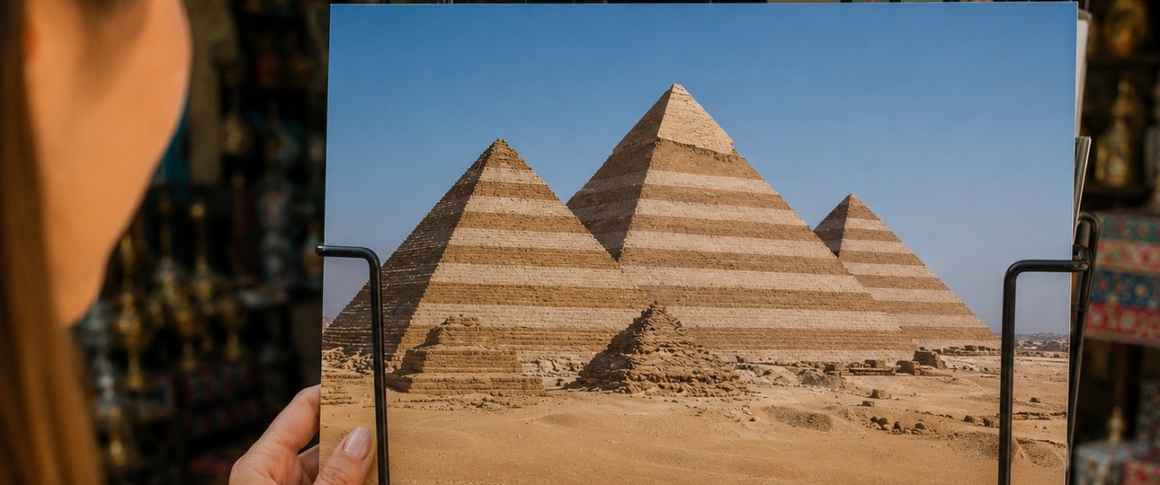 Pyramiden von Gizeh im imaginären Streifenlook auf einer Postkarte: Condor flog nicht im eigenen Design nach Kairo.